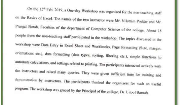 One-day Workshop on Basics of Excel